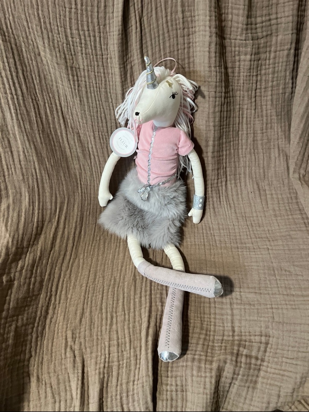 NWT pottery barn kids doll FLEUR Plush Pink Unicorn Doll with Faux Fur Skirt